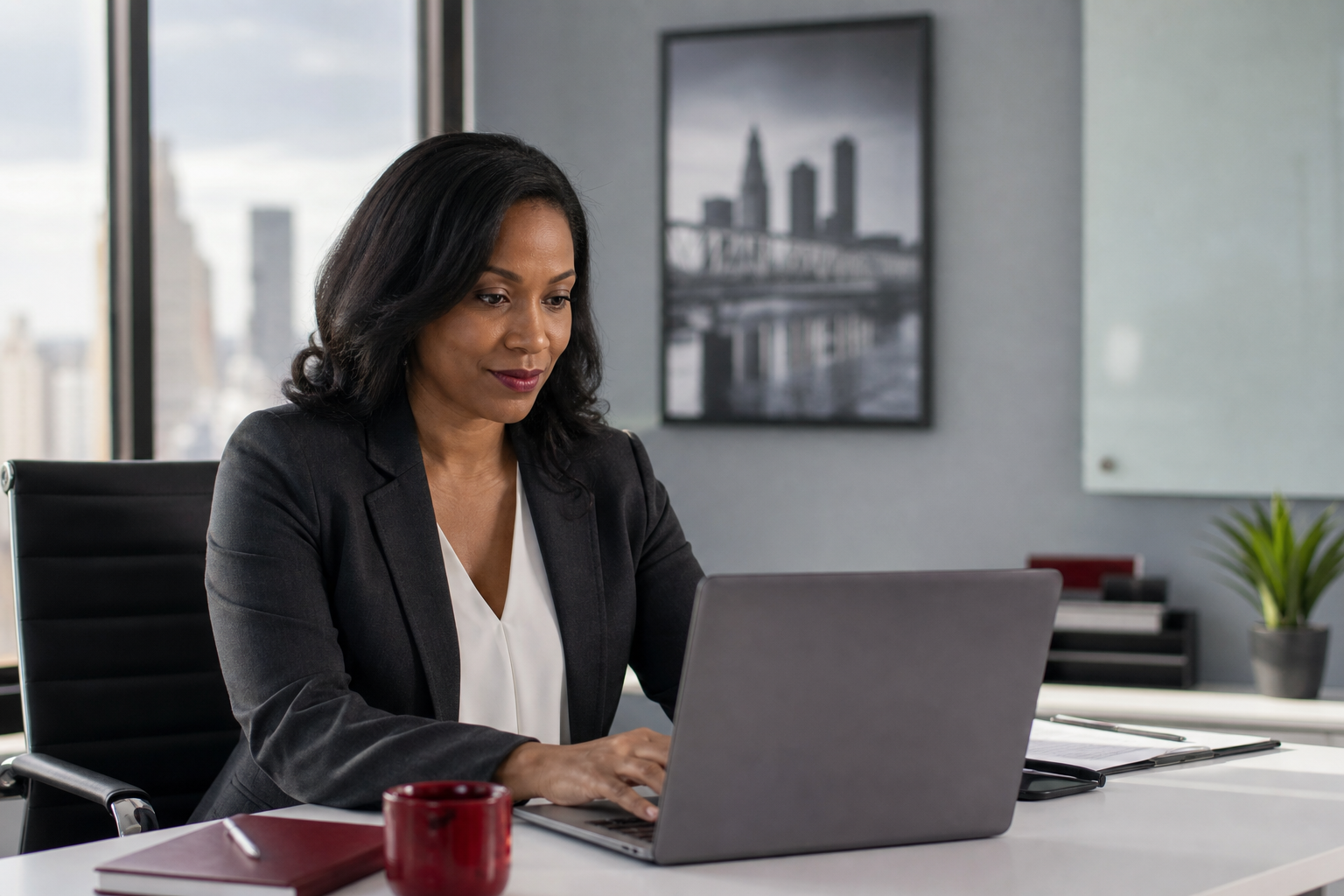 A mortgage broker working a file at her desk