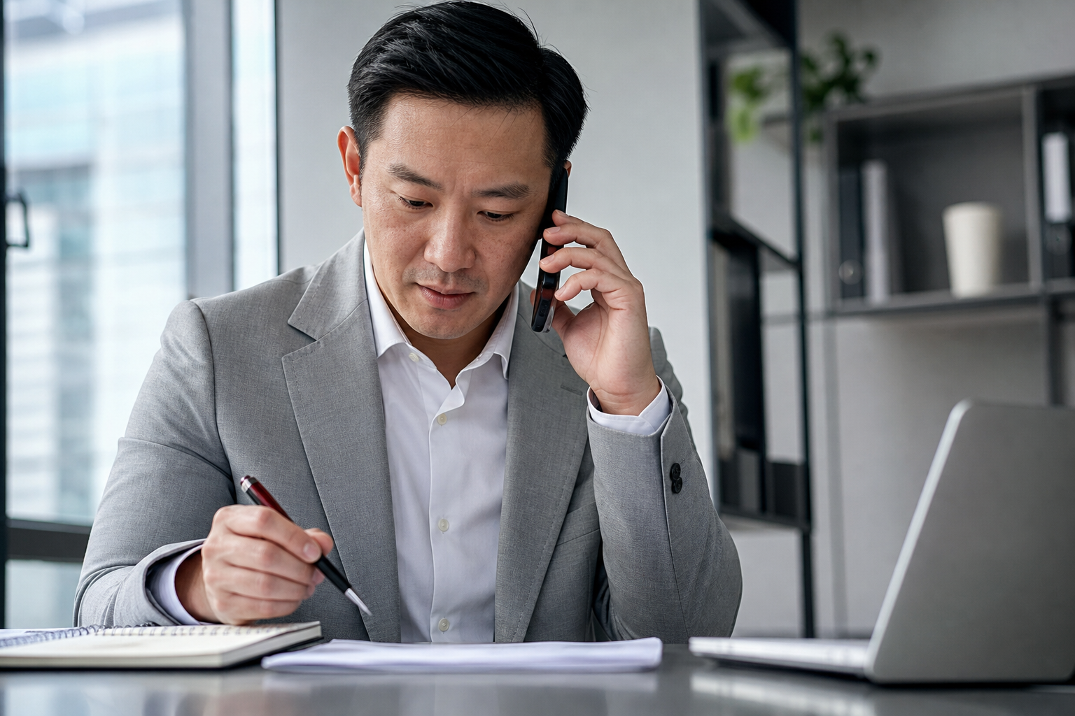 A mortgage broker on a call while working a file