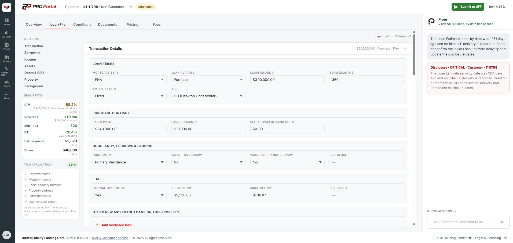 PRO Portal Loan File: transaction details and deal stats