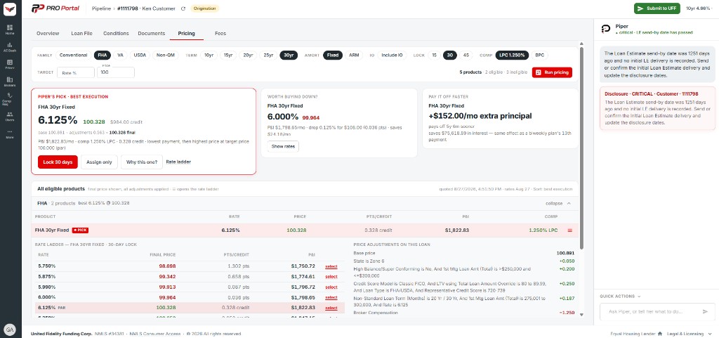 PRO Portal Pricing: product run, Piper pick, and rate ladder