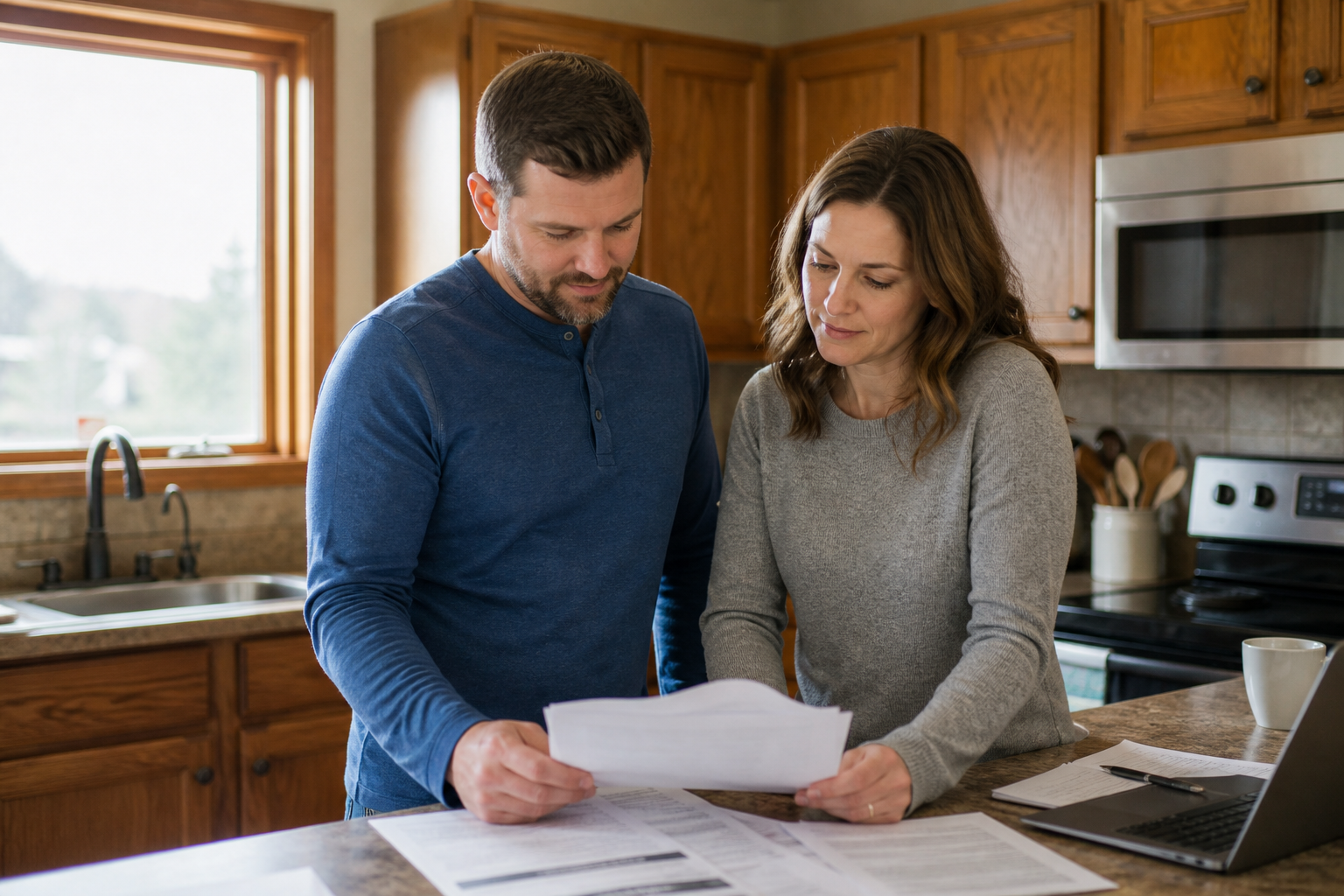 A couple reviewing papers in the kitchen of a suburban home