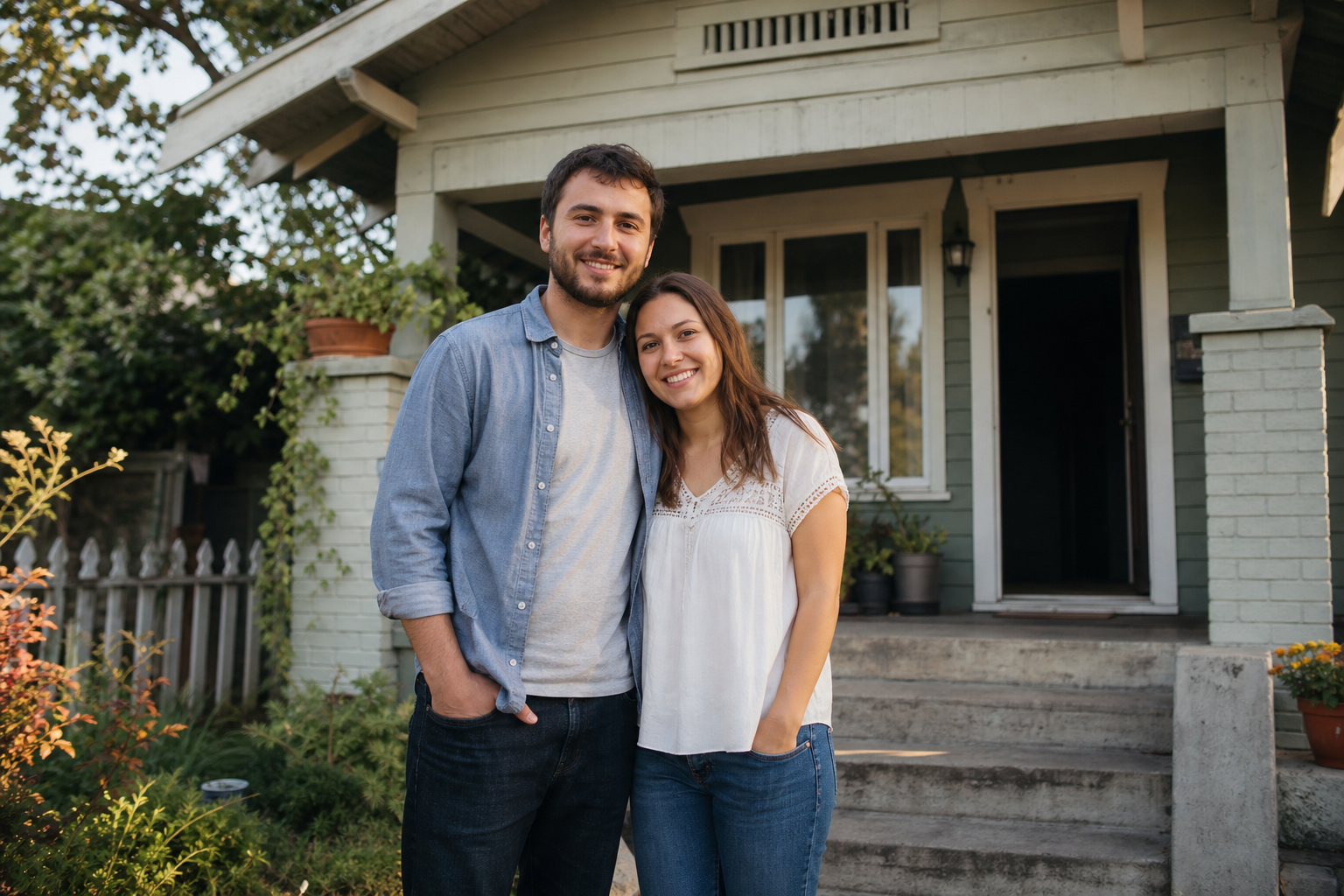 First-time homebuyers on the porch of a starter house