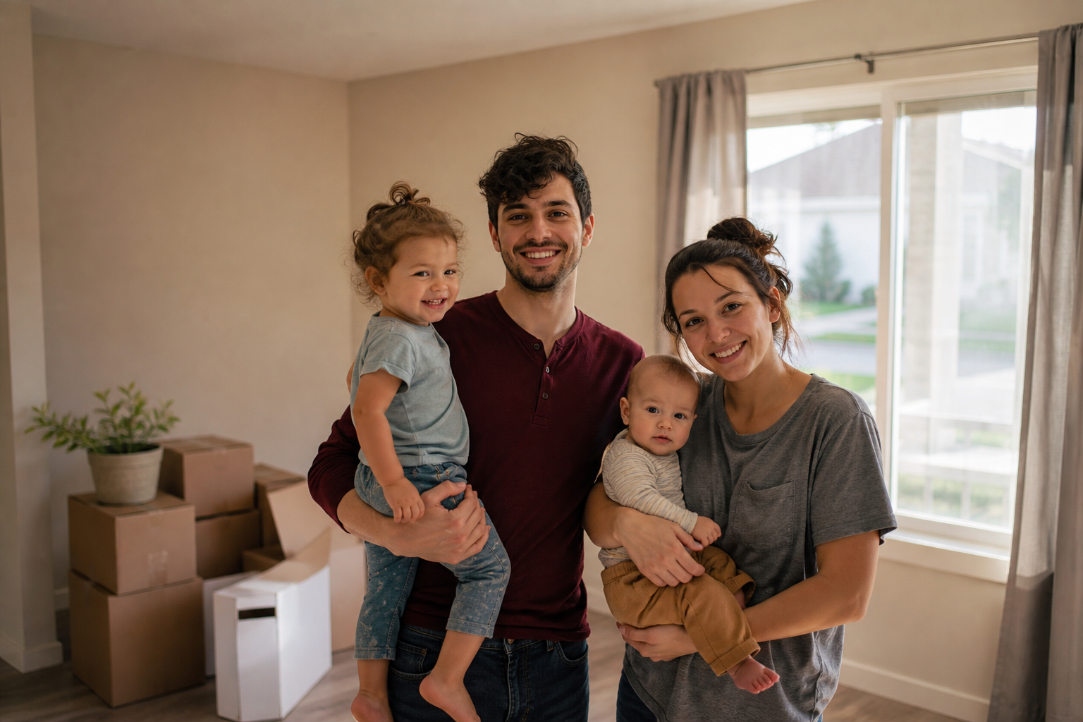 A parent and children in the living room of a first home