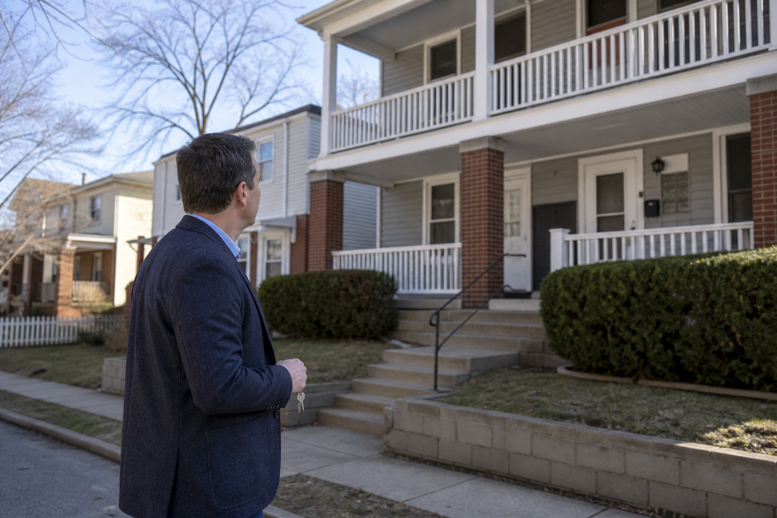 An investor standing in front of a duplex rental property