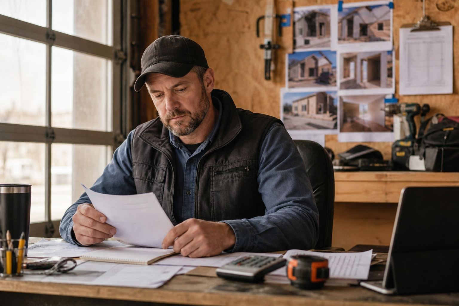 A self-employed business owner reviewing paperwork in a workshop