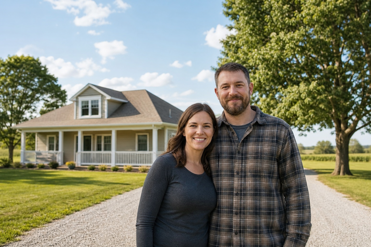 A couple in front of a rural home with a large yard