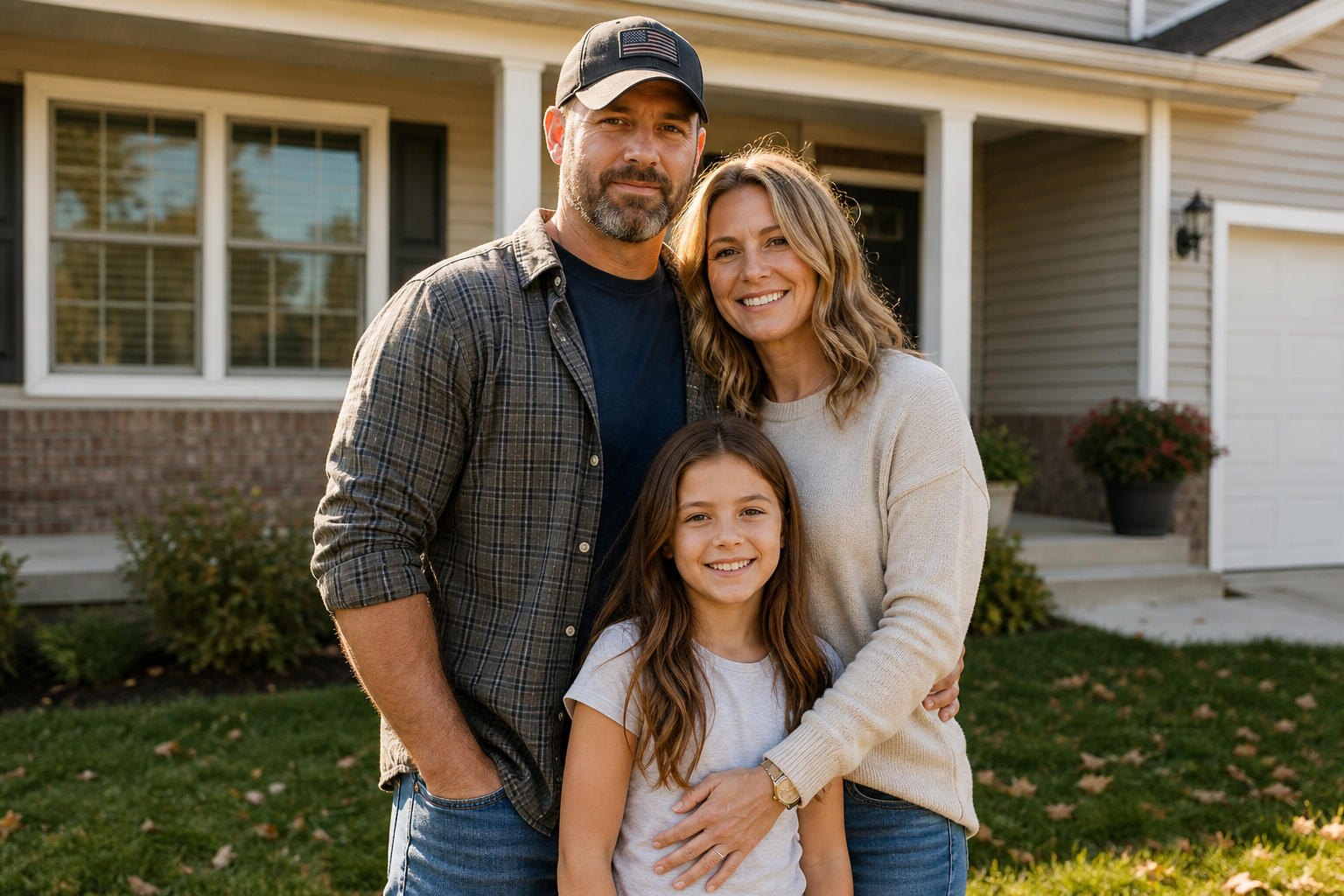 A veteran and family in the yard of their home