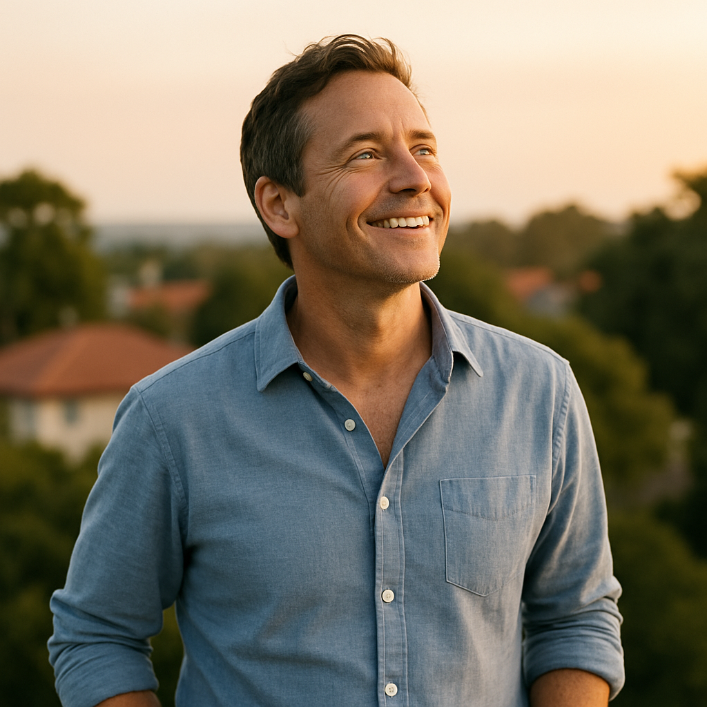 Smiling man looking up, representing a successful mortgage professional