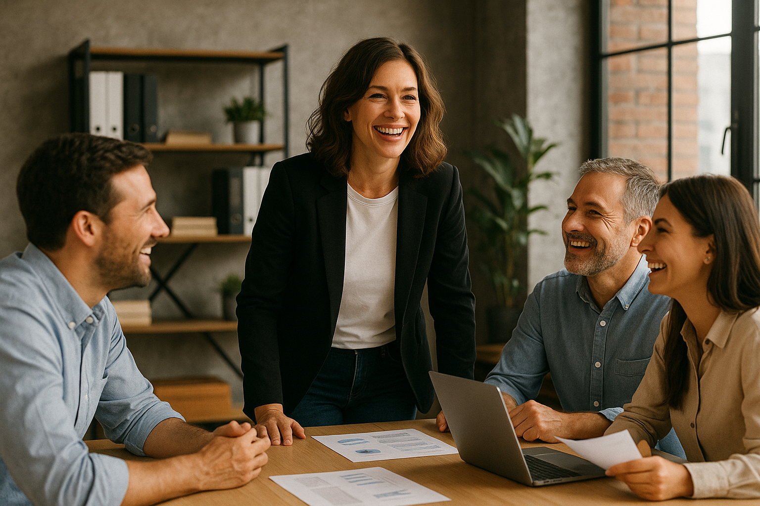 Group of smiling mortgage professionals collaborating in a meeting